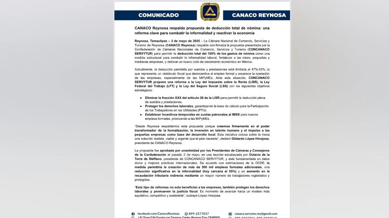 Respalda Canaco propuesta para deducir al 100% gastos de nómina