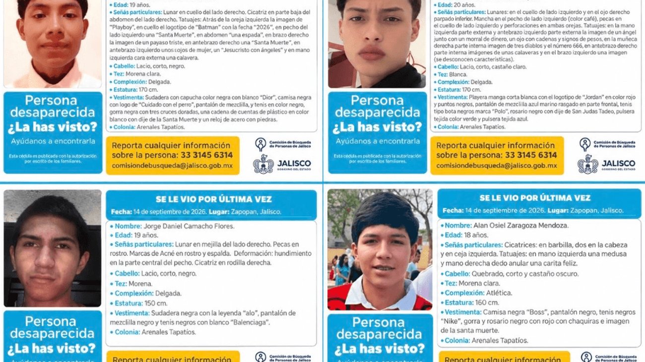 Buscan a cuatro jóvenes desaparecidos en Zapopan, Jalisco