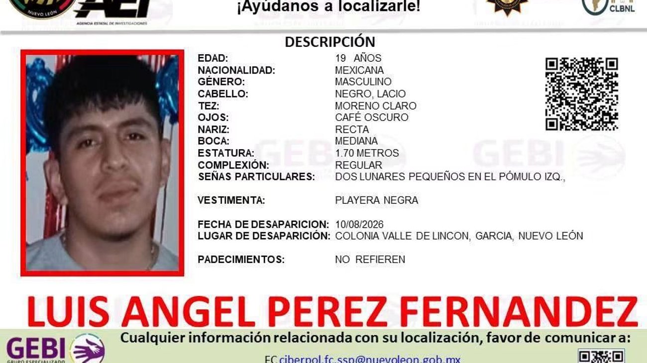 Buscan a joven de 19 años desaparecido en García