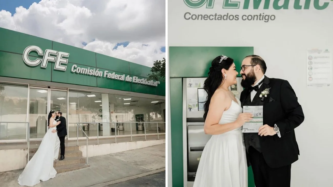 Novios realizan sesión de fotos de boda en una sucursal de la CFE