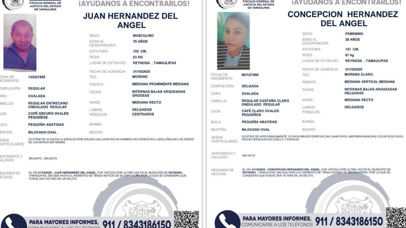 Piden ayuda para localizar a dos desaparecidos en Reynosa
