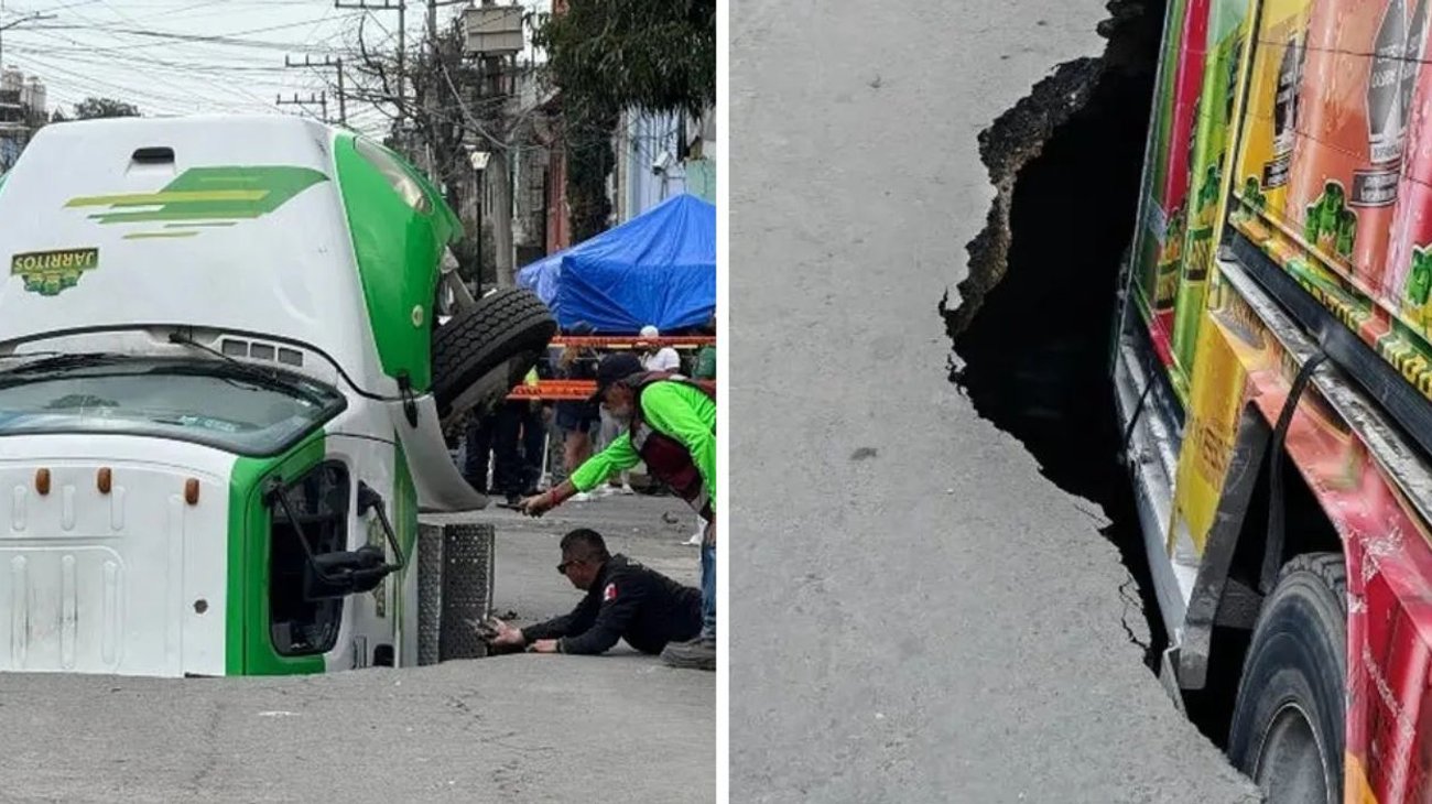 Socavón en Iztapalapa hunde camión repartidor de refrescos