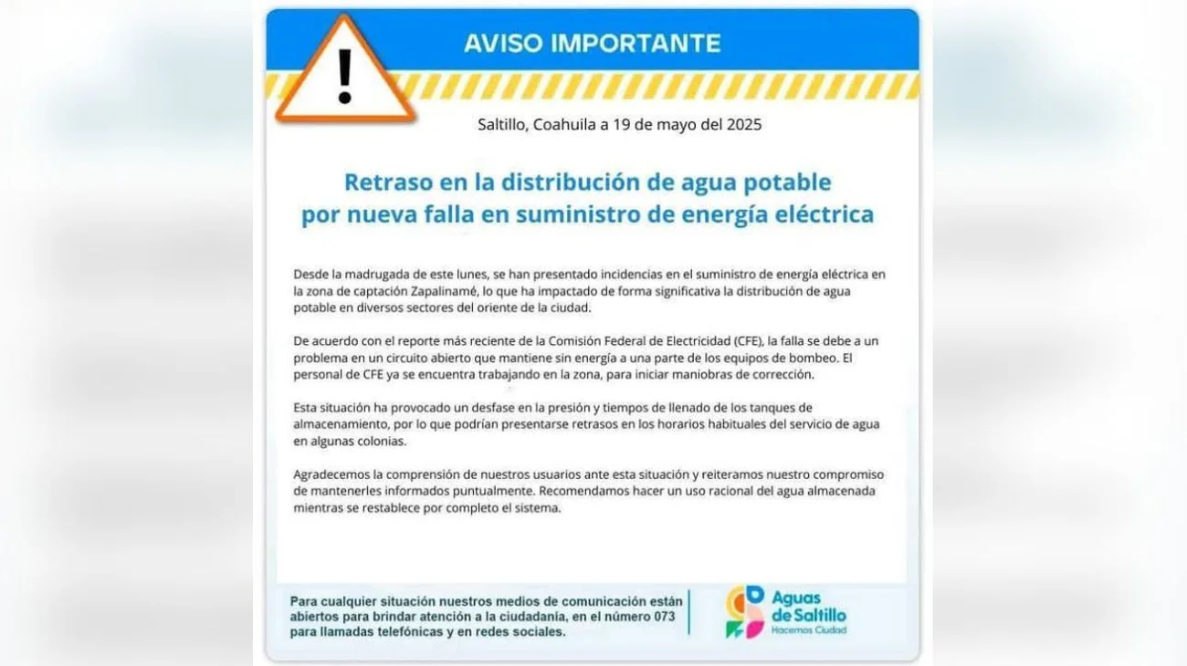 Más de 60 colonias afectadas por cortes de agua por falta de luz