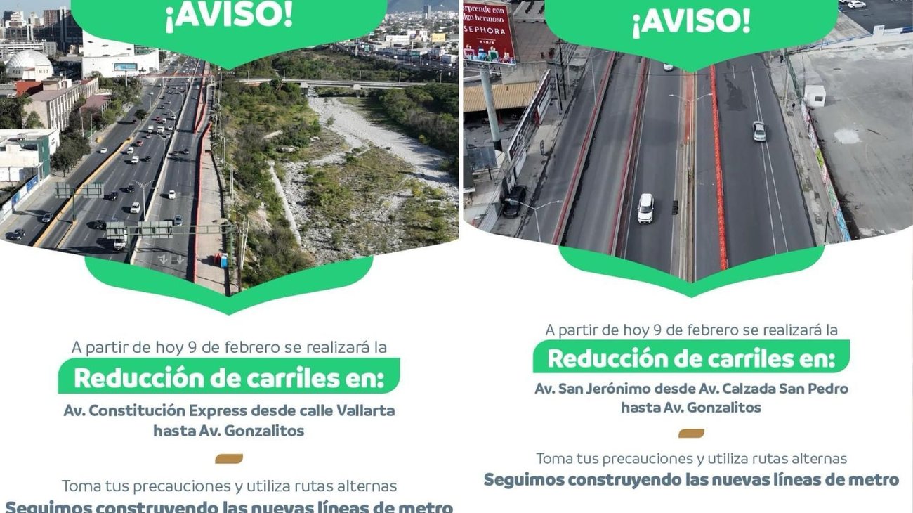 Reducirán carriles en Constitución y San Jerónimo por obras