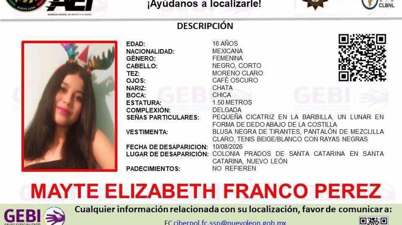 Buscan a joven de 16 años desaparecida en Santa Catarina
