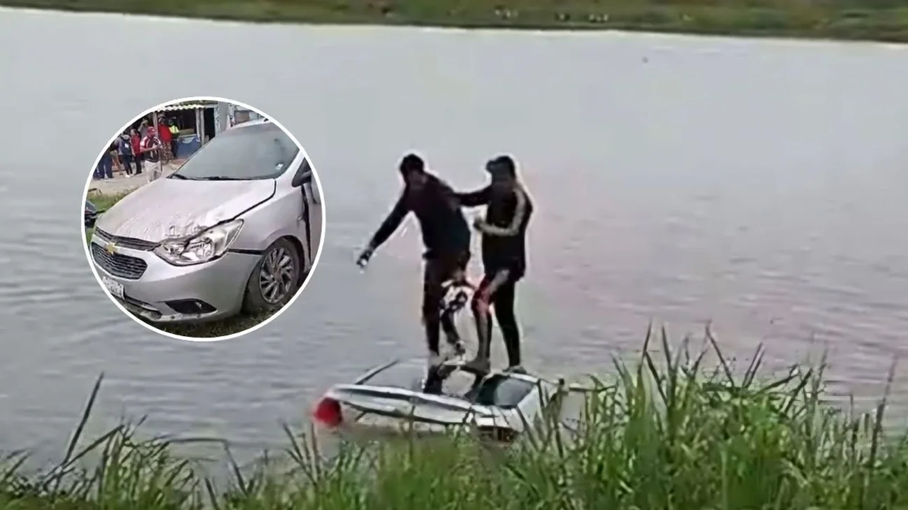 Vehículo cae a laguna y se hunde, tripulantes salvan la vida 