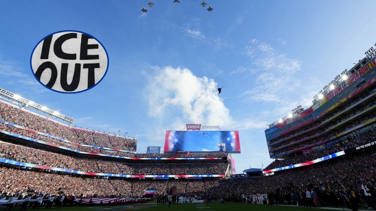 Activistas lanzan mensaje “ICE fuera” en entorno del Super Bowl