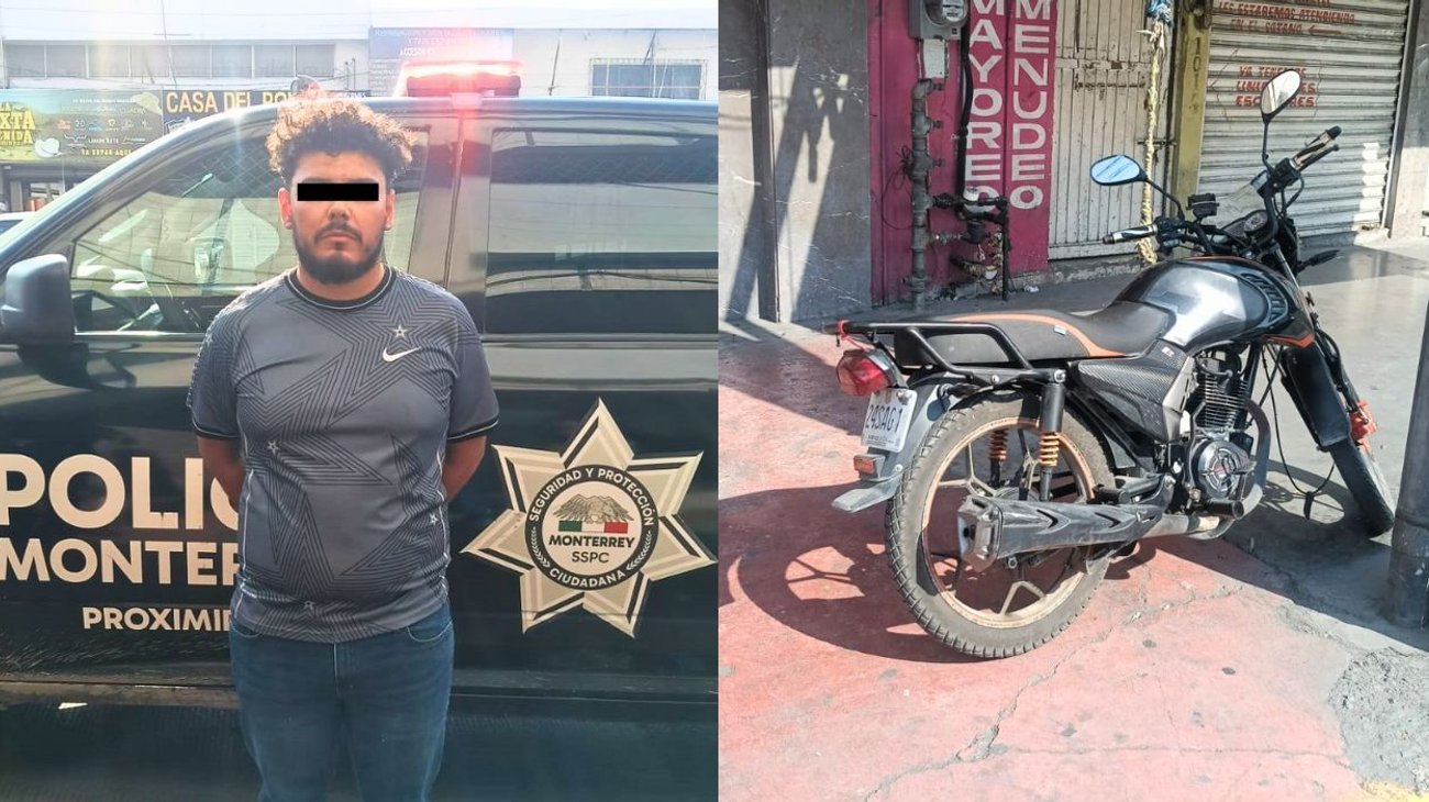 Cae hombre con placa colgada de motocicleta en Monterrey