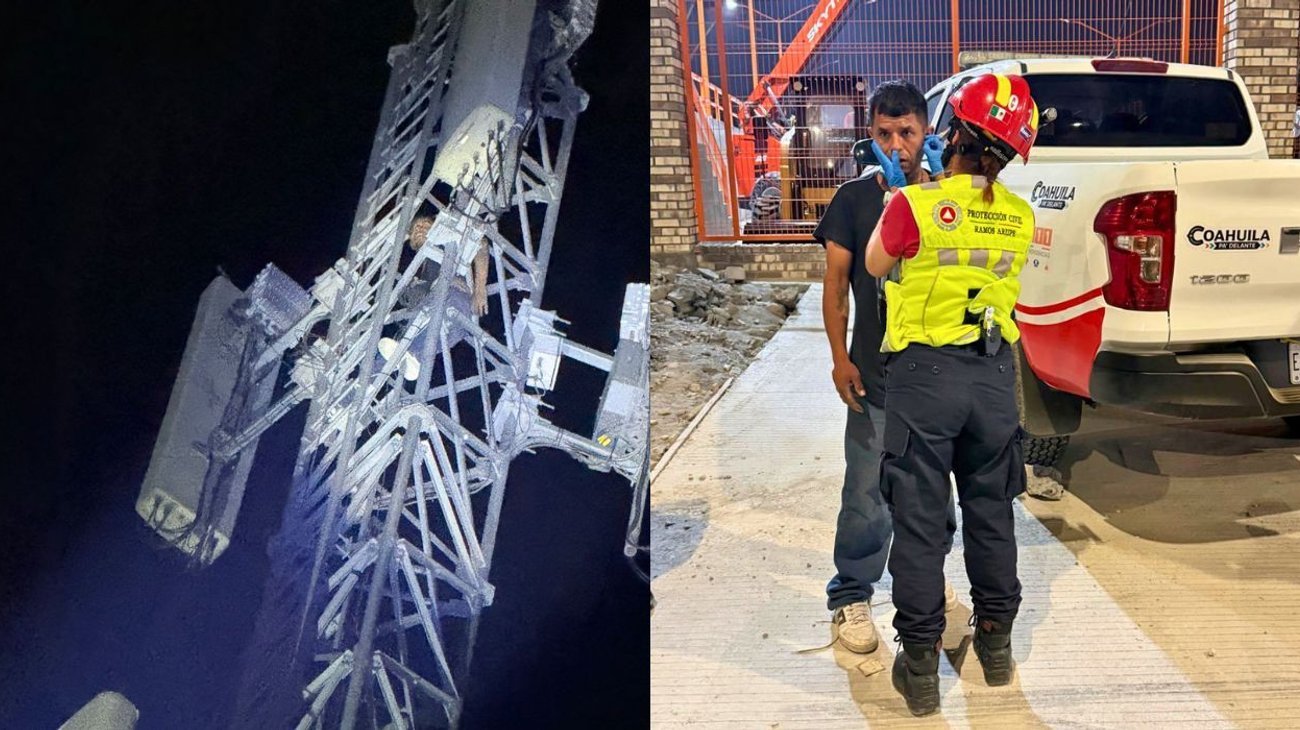Rescatan a hombre tras subir a antena de 60 mts en Ramos Arizpe