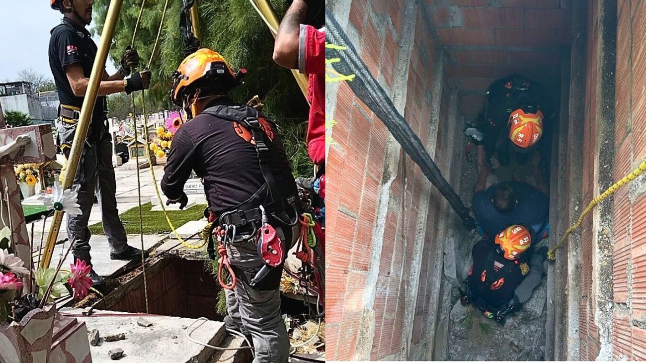 Cae hombre en tumba abierta en panteón jardín