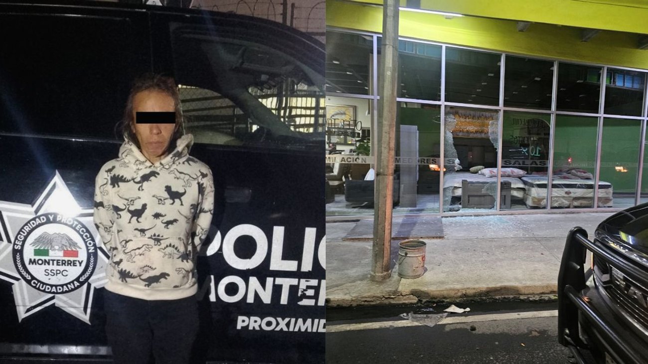 Detienen a mujer tras romper vidrio de negocio en Monterrey