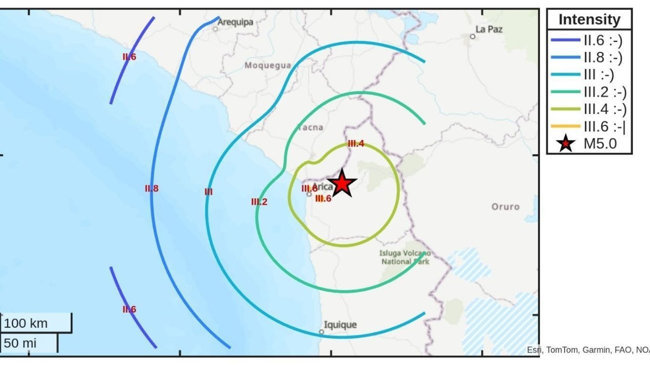 Sacude sismo de magnitud 5.0 a la ciudad de Arica en Chile