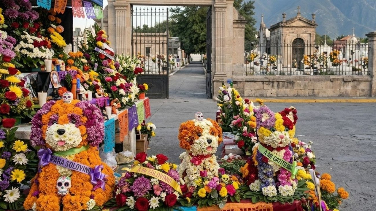 Elaboran arreglos florales para mascotas en los altares