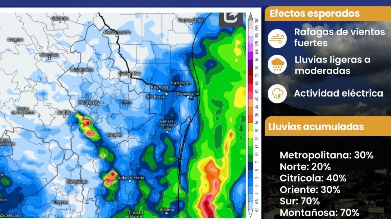 Alertan por lluvias y fuertes vientos para Nuevo León este jueves