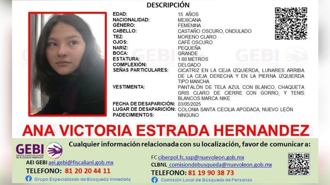 Se emite alerta de búsqueda por Ana Victoria, joven de 15 años 