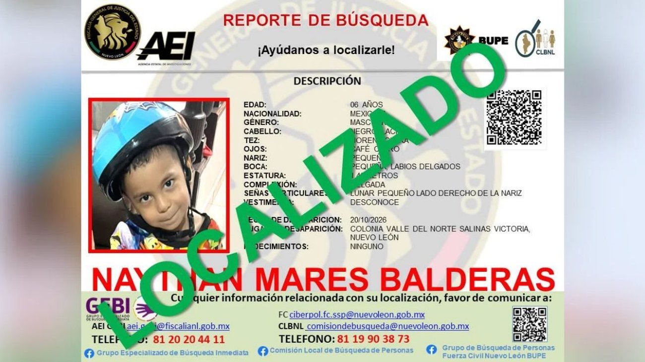 Localizan sano y salvo a menor de 6 años desaparecido