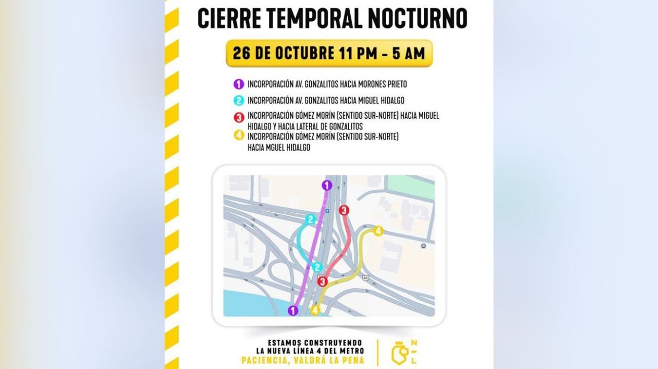Anuncian cierres viales nocturnos por la Línea 4 de Metro