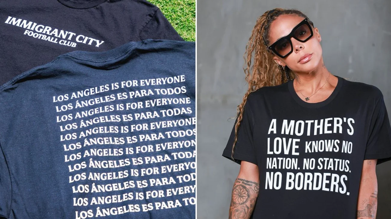 Lanza club Angel City camiseta representando su apoyo a migrantes