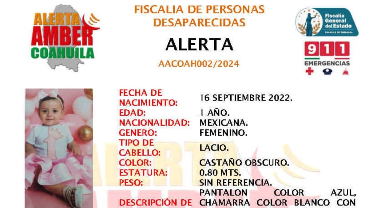 Alerta Amber por bebé de 1 año desaparecida en Torreón
