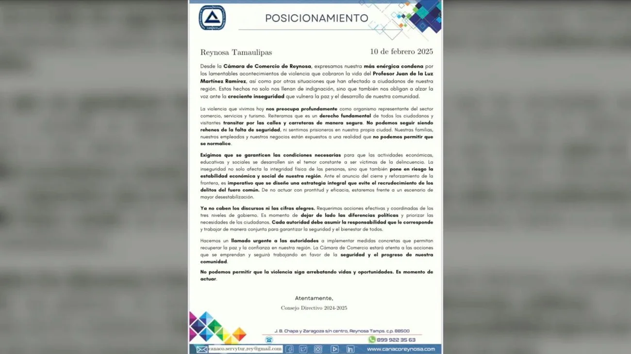 Pide Canaco Reynosa acciones urgentes ante violencia