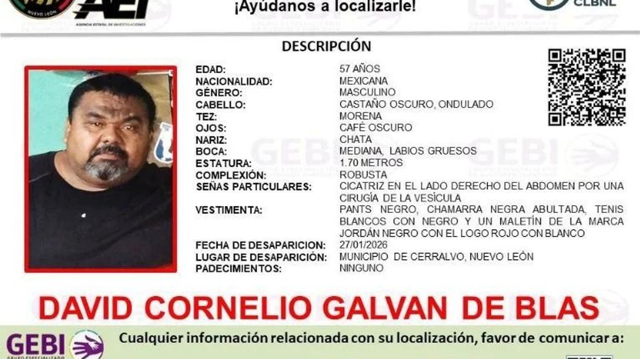 Hombre desaparece en Cerralvo; piden apoyo para localizarlo