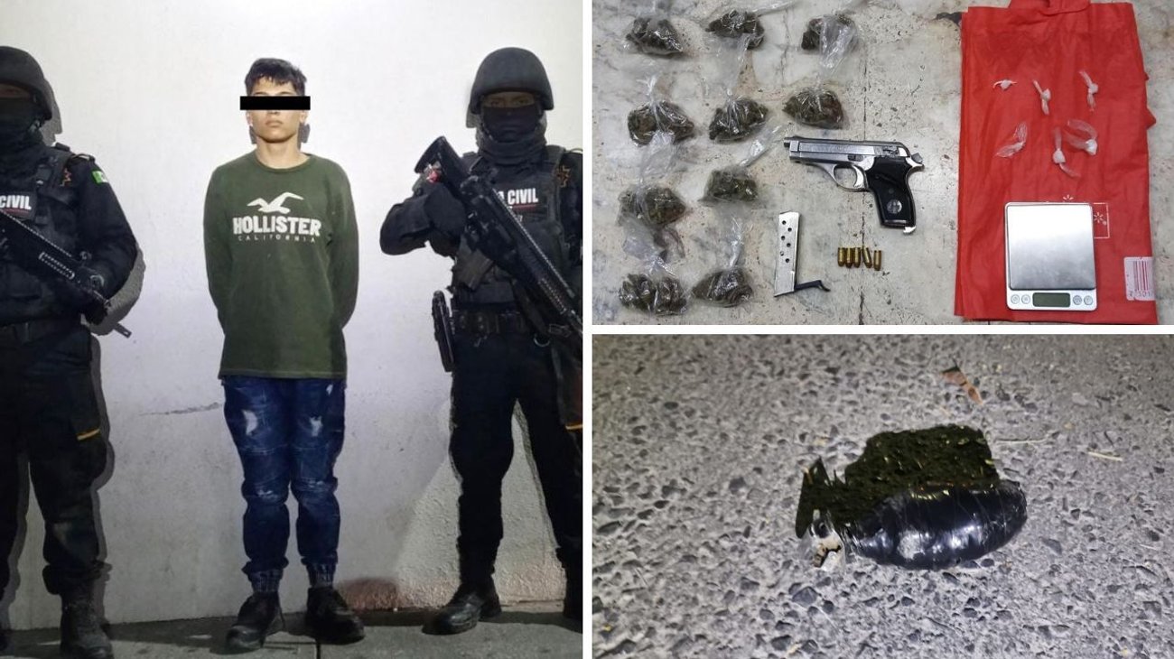 Capturan a joven con pistola, granada y droga