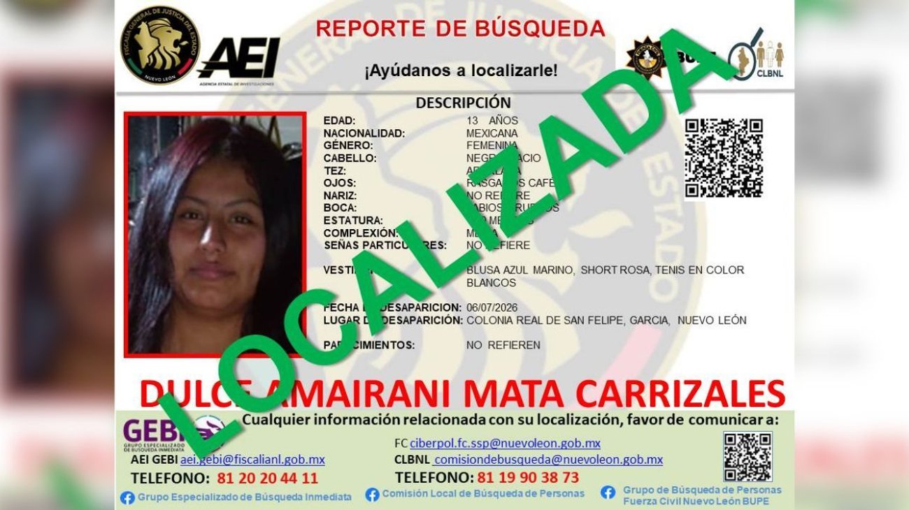 Localizan sana y salva a menor de 13 años desaparecida en García