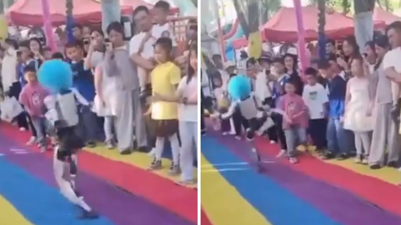 Captan momento donde robot con peluca golpea a niño en la panza