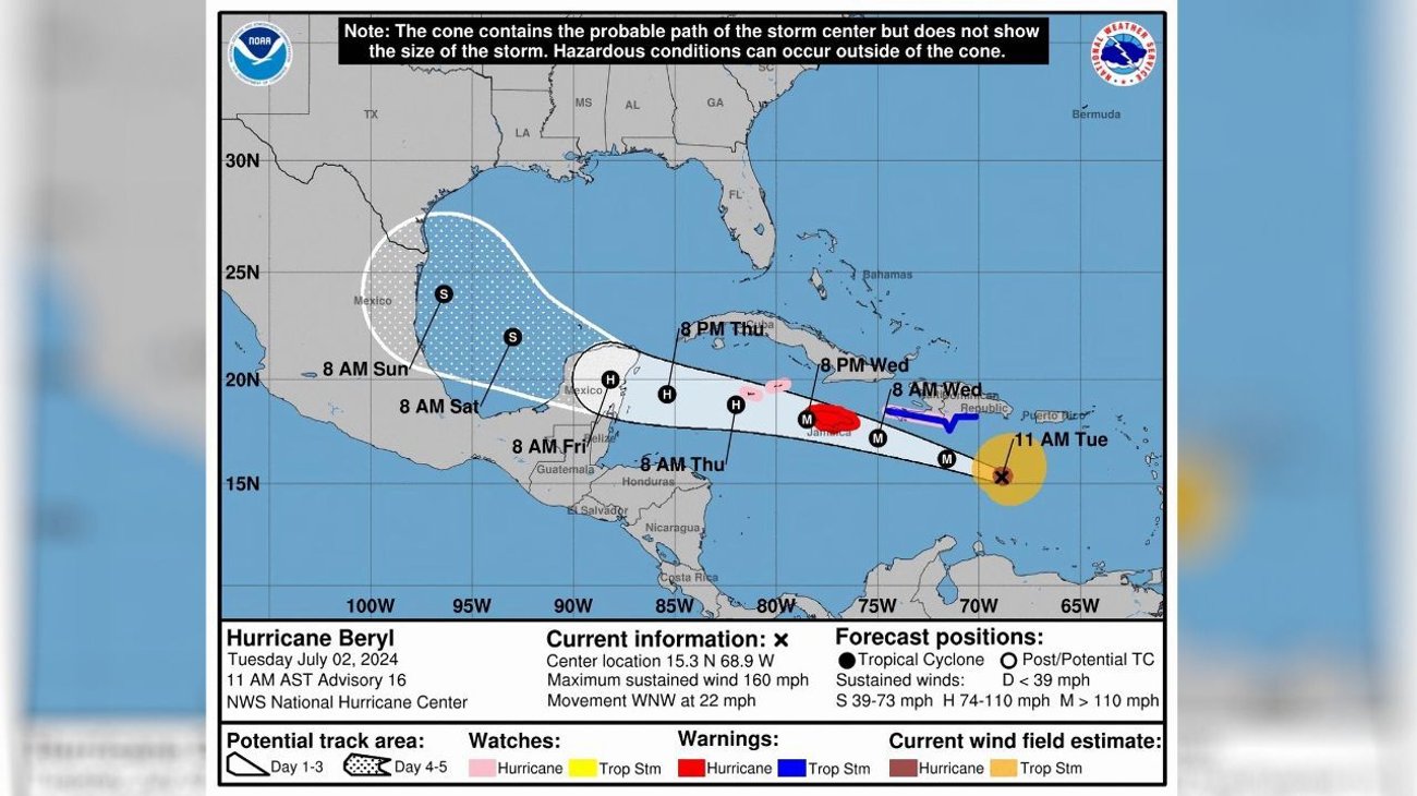 Huracán 'Beryl' mantiene trayectoria hacia Yucatán