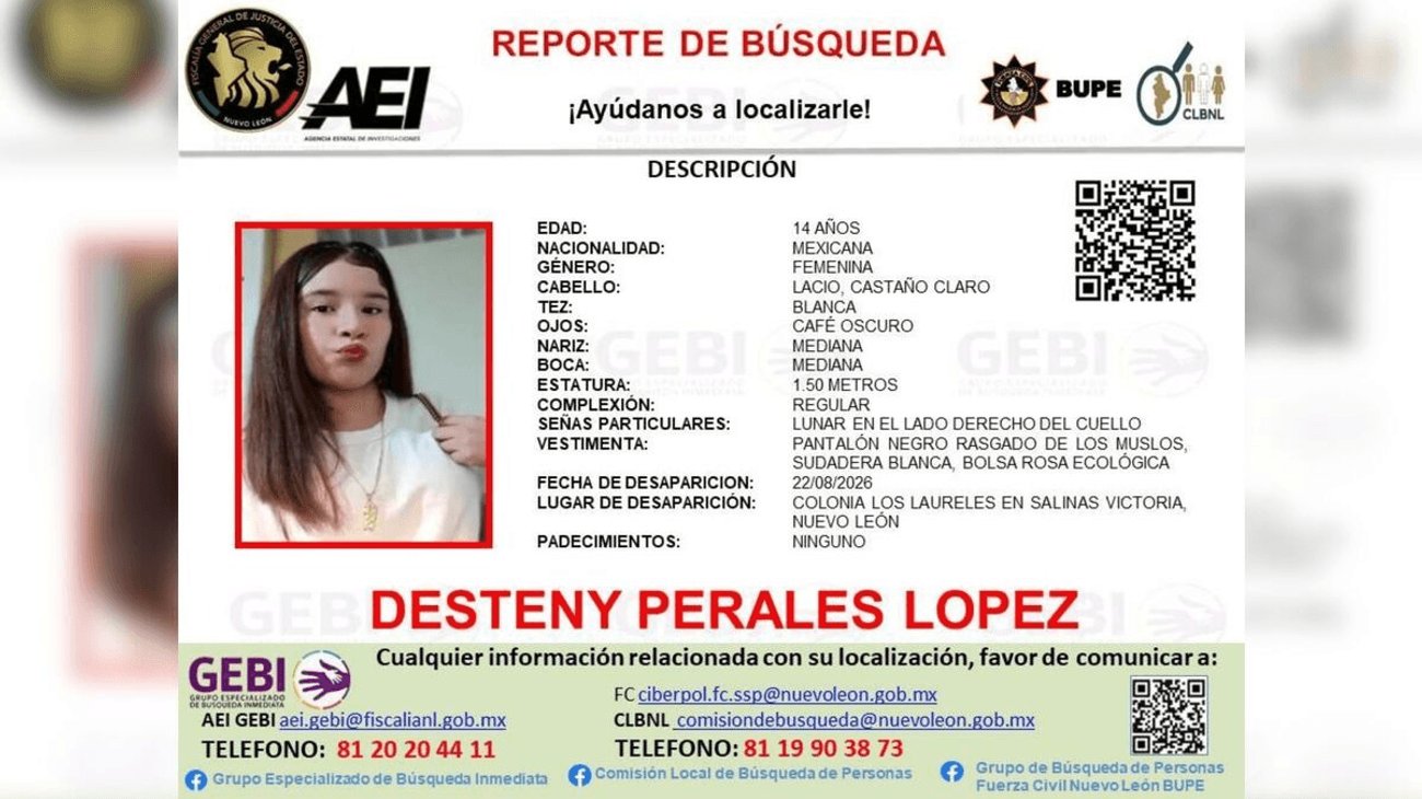 Buscan a adolescente de 14 años desaparecida en Salinas Victoria