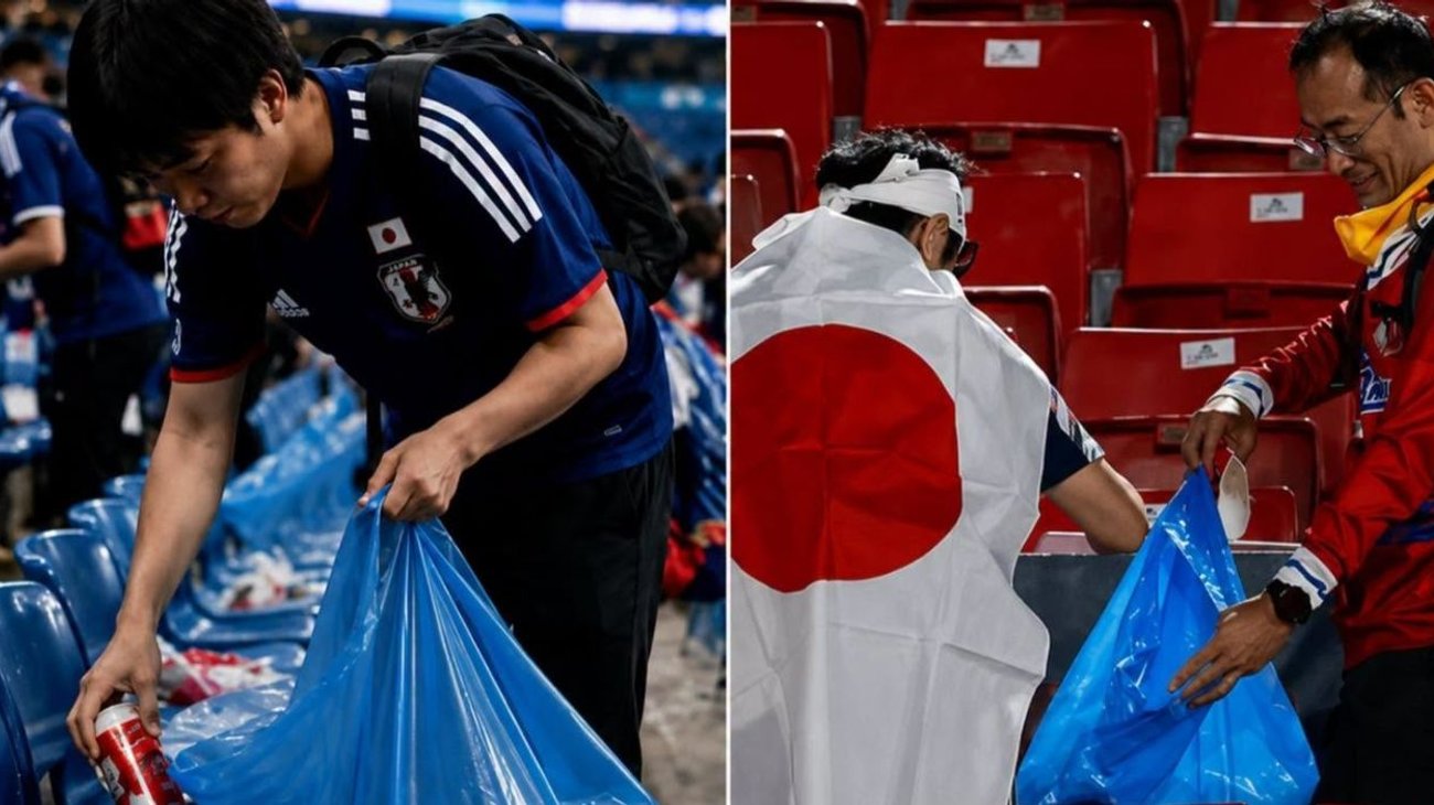 Japoneses limpian el Estadio Monterrey tras duelo Japón vs Túnez