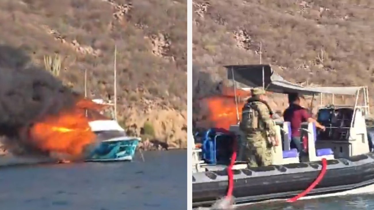 Rescatan lancheros a tripulantes de un yate en llamas en Sinaloa