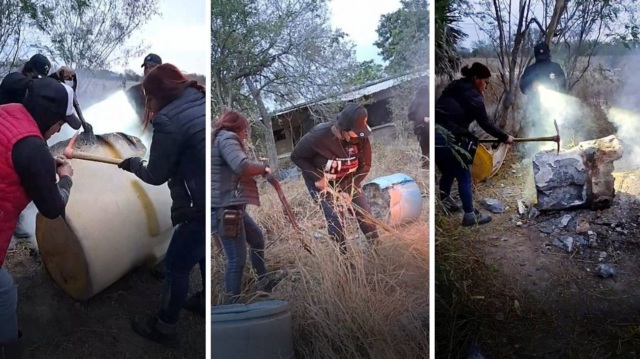 Madres buscadoras inspeccionan recipientes con cemento en Reynosa