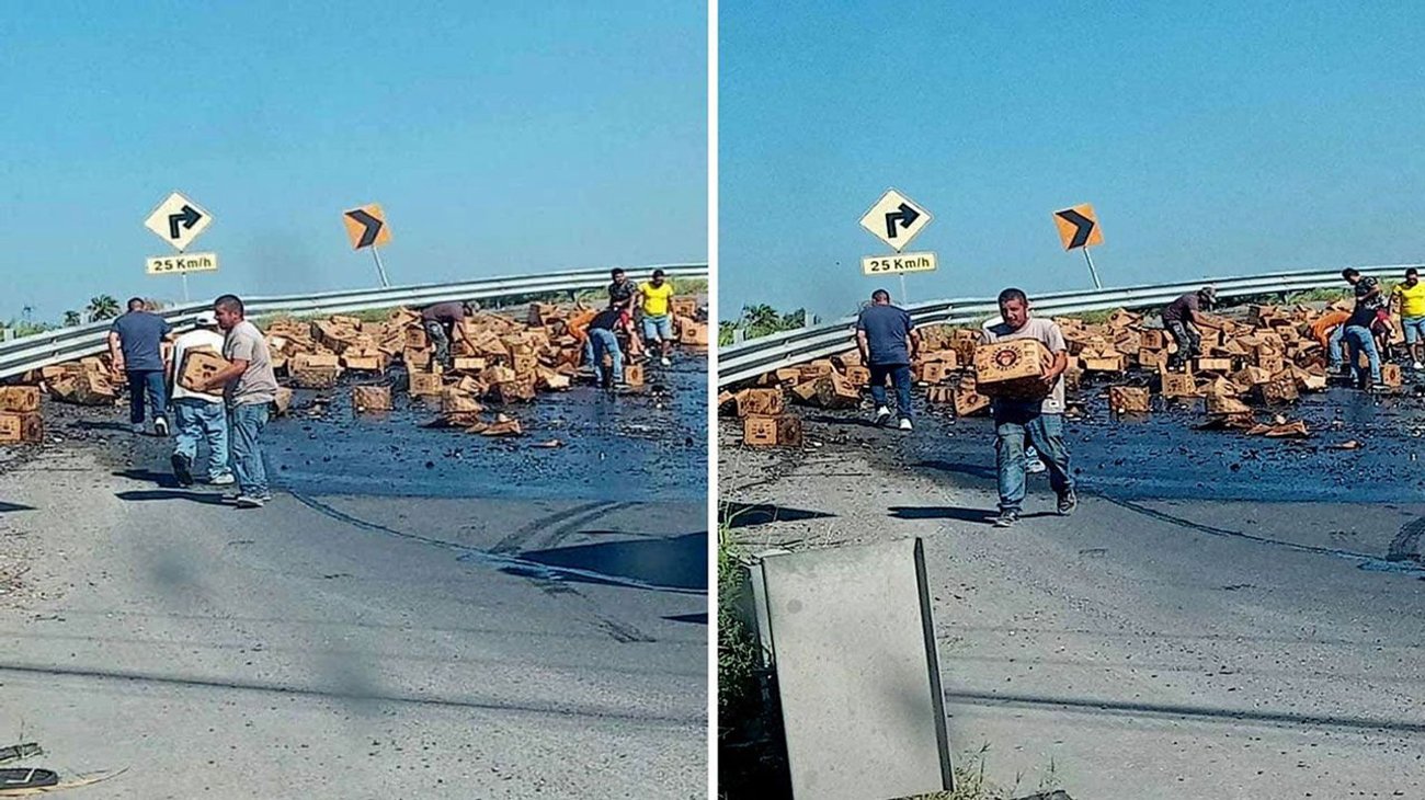 Hacen rapiña de cerveza tras volcar tráiler en Reynosa