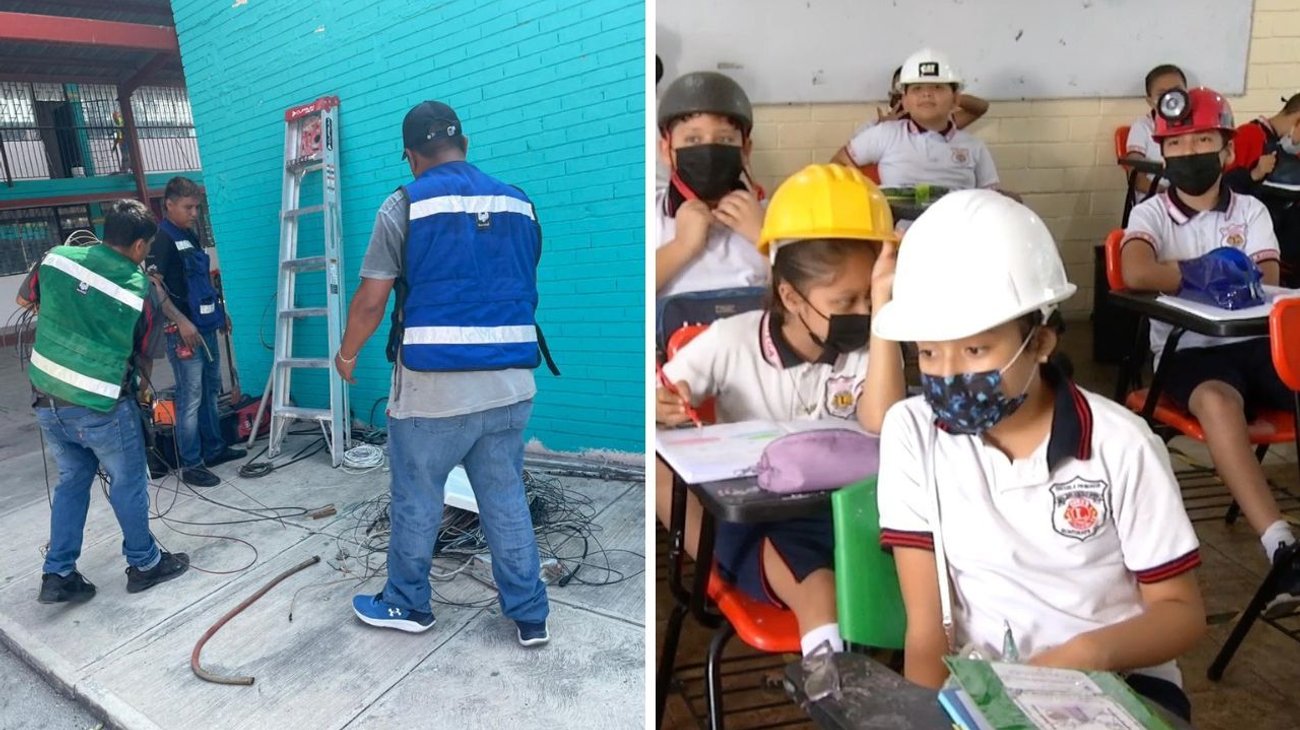 Reparan escuela donde alumnos asistían con casco