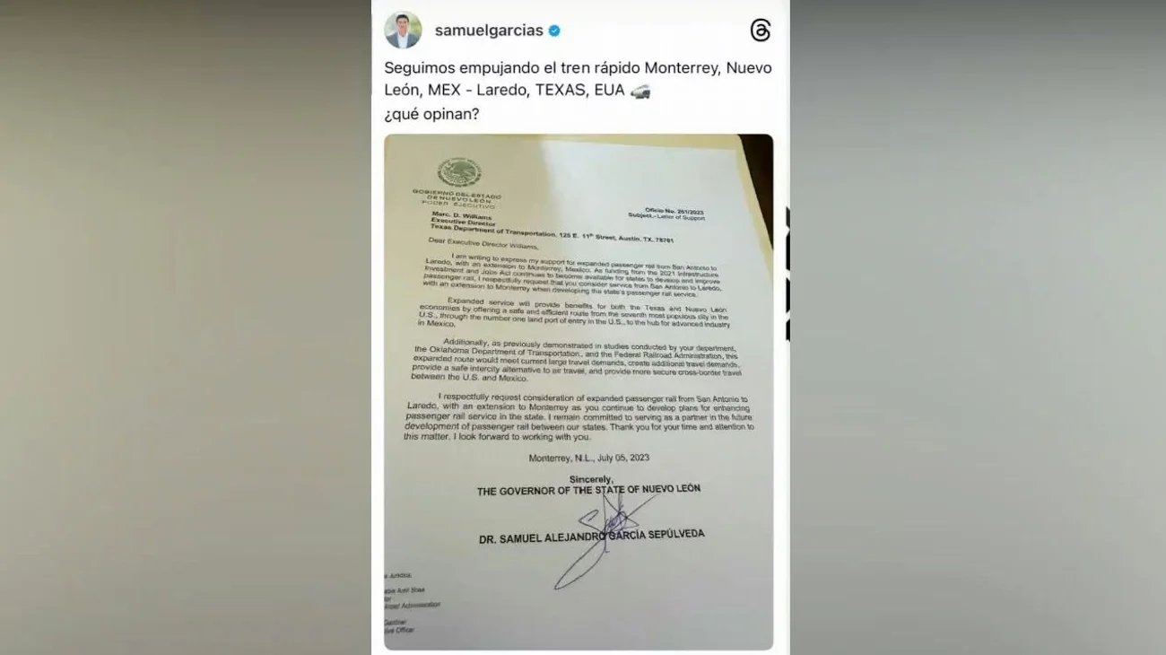 Pide Samuel considerar tren de San Antonio a Monterrey