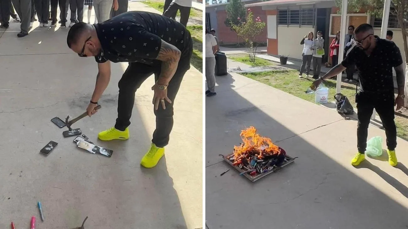 Maestros de secundaria rompen y queman celulares decomisados