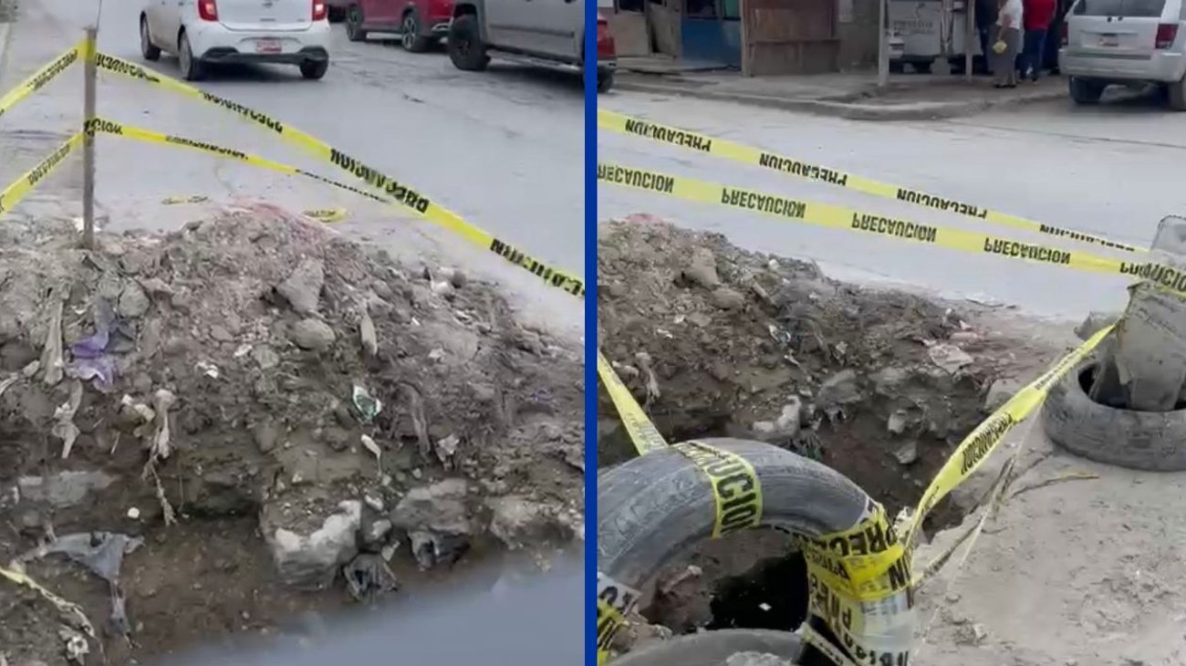 Socavón y fuga de drenaje persisten desde hace 5 años en Reynosa