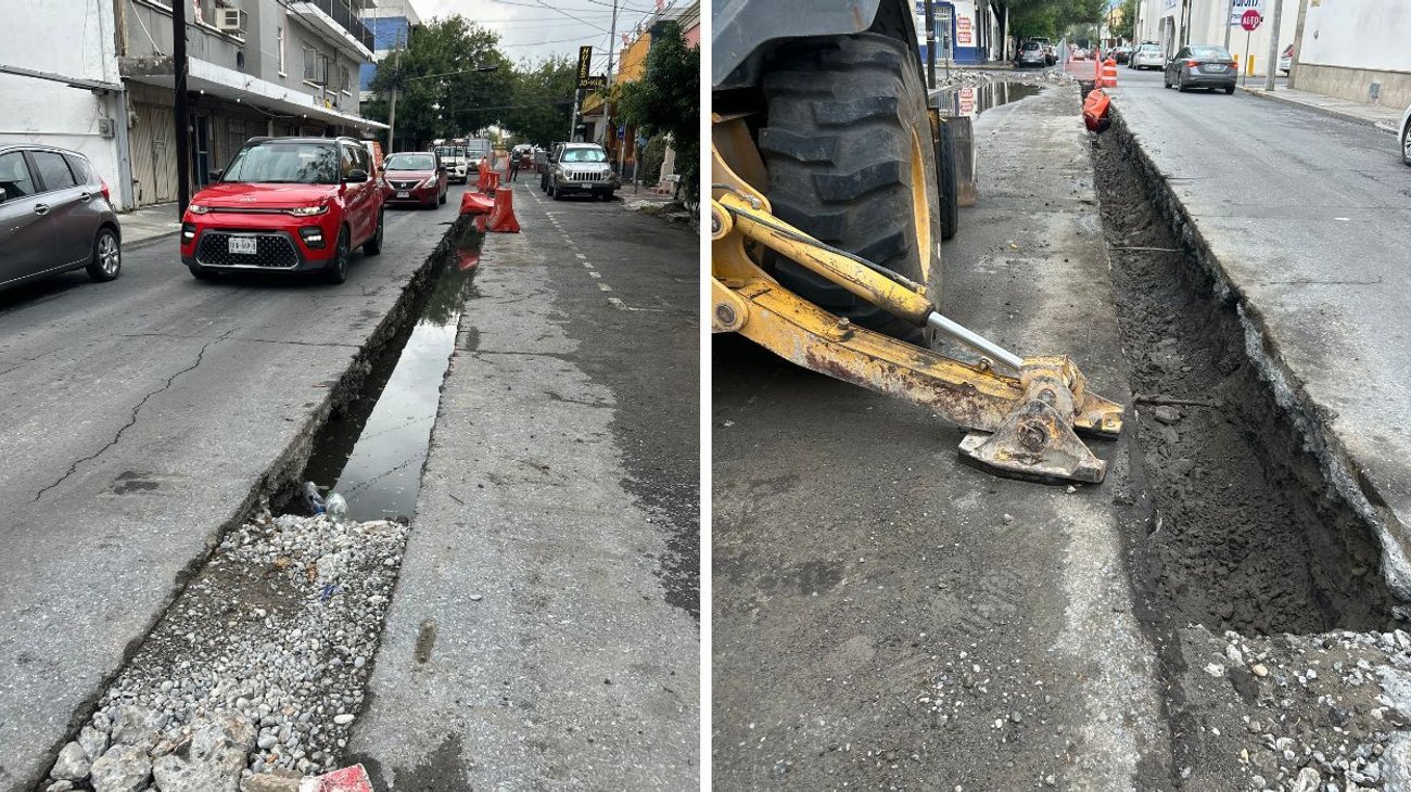Reportan zanja peligrosa y semi-inundada en Centro de Monterrey