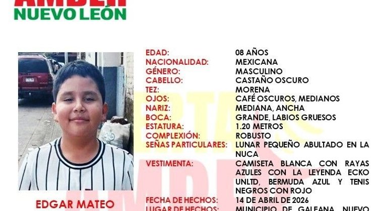 Activan Alerta Amber por desaparición de menor en Galeana