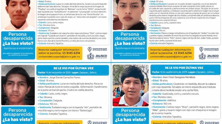 Buscan a cuatro jóvenes desaparecidos en Zapopan, Jalisco
