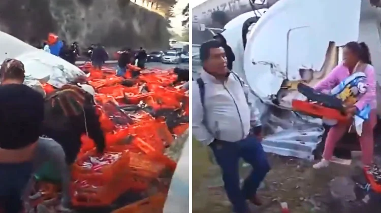 Vuelca tráiler y pobladores hacen rapiña de pan en Edomex