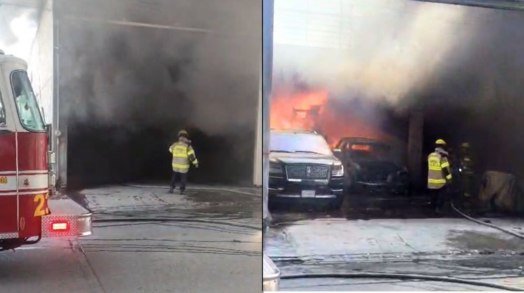 Fuerte incendio consume taller mecánico en Monterrey