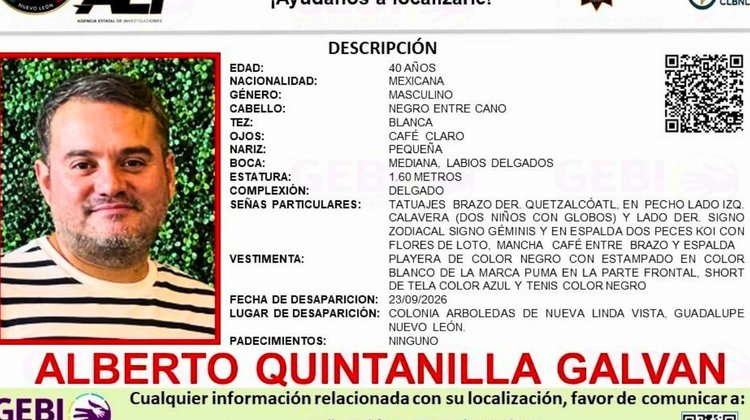 Buscan a Alberto Quintanilla, desaparecido en Nueva Linda Vista.