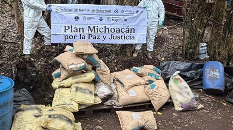 Aseguran campamento con dos toneladas de sustancias en Michoacán