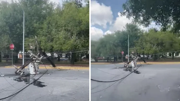 Camión de carga derriba poste y transformador en Monterrey