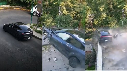 Tesla derriba portón, salta barda y cae en otra casa en CDMX